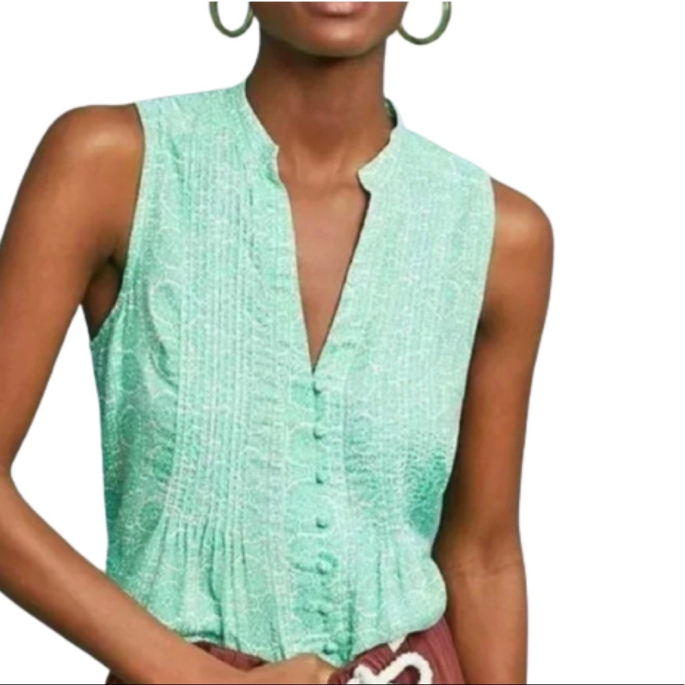 Maeve Anthropologie green and white sleeveless blouse with buttons- Size…